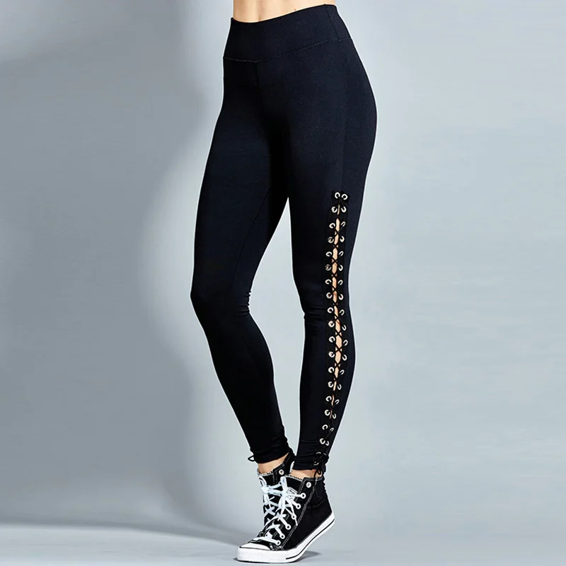 Black White Side Lace Up Leggings Women High Waist Elasticity Workout