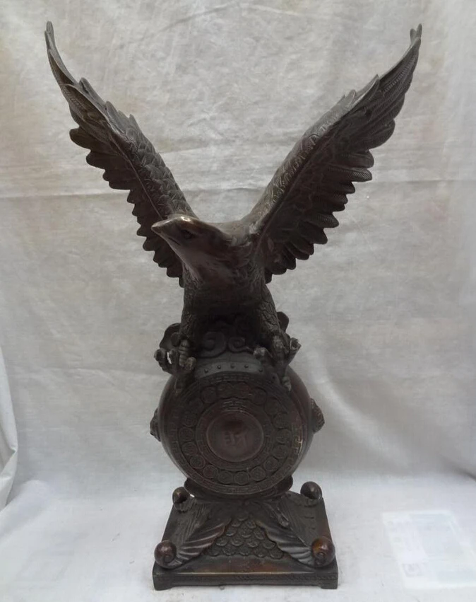 

USPS to USA S1308 21" Chinese Bronze Home FengShui Bird Wealth Coin Eagle Hawk Statue On Cai Drum (B0413)
