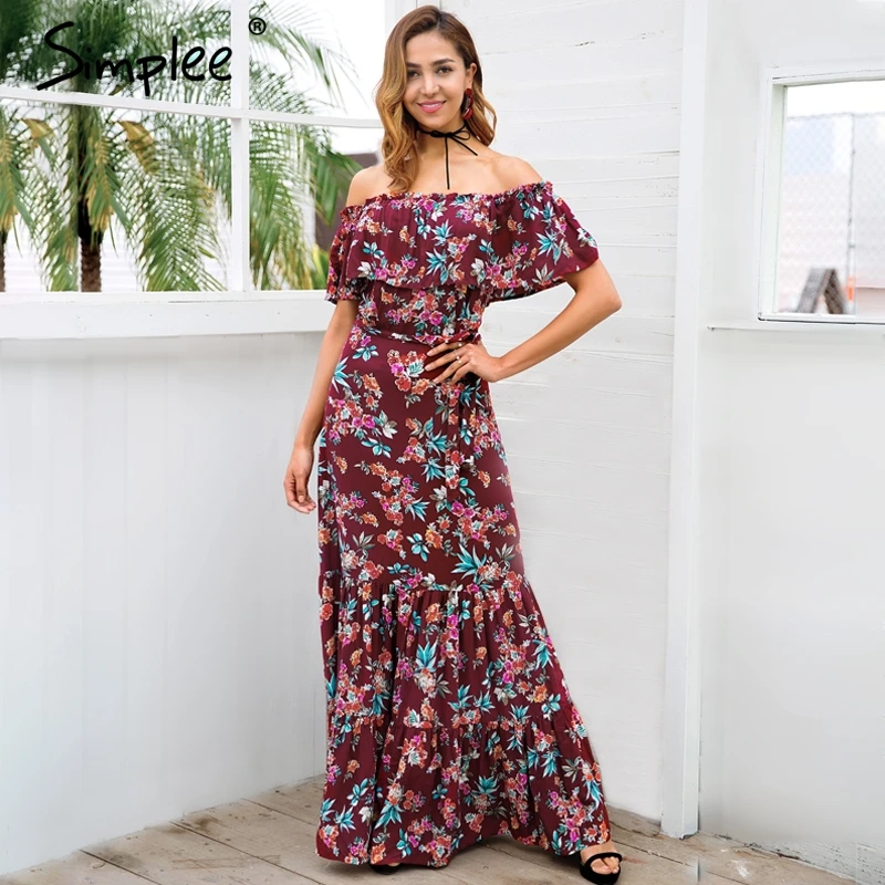 

Simplee Off shoulder floral print summer dress women 2018 Casual boho maxi dress dress Spring elegant female long dress vestidos