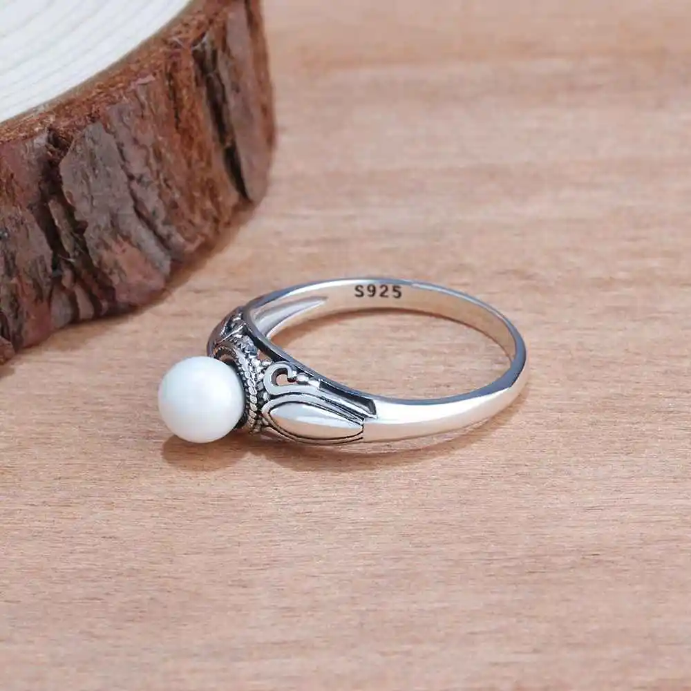 New Women Solid 925 Sterling Silver Rings Vintage Pattern with Simulated Pearl Jewelry Rings Gift For Girls JewelOra RI102755