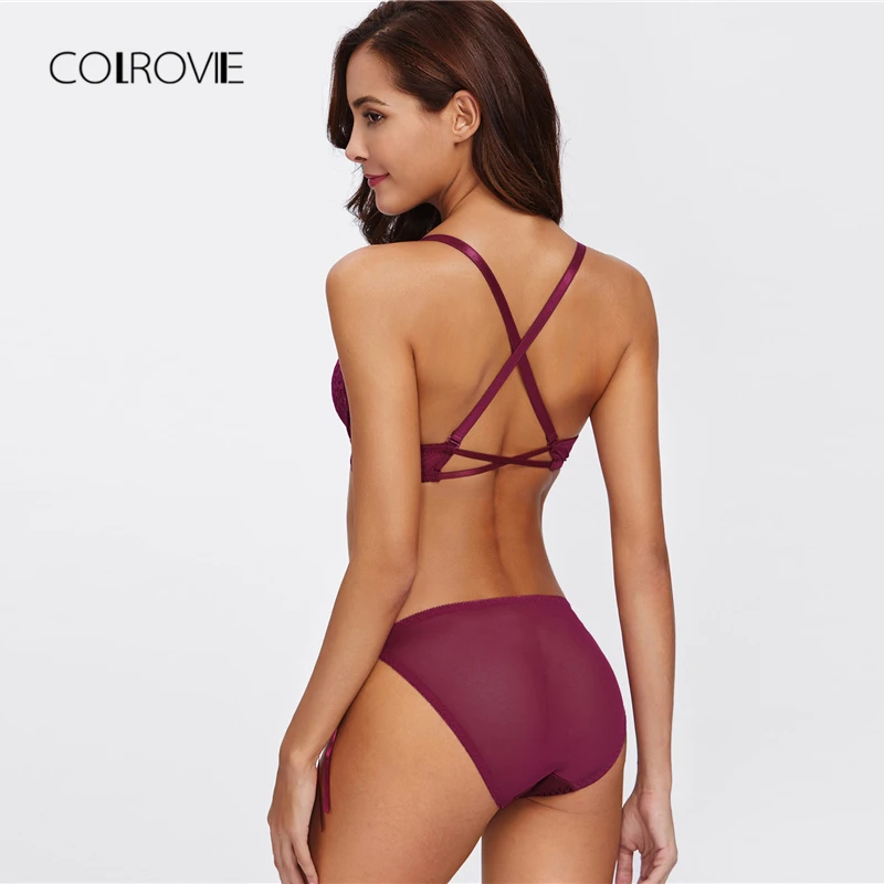 COLROVIE Tie Side Criss Cross Lace Sexy Bra Set 2018 New Summer Burgundy Ribbon Women Bra And Panty Set Lace Bra & Brief Sets