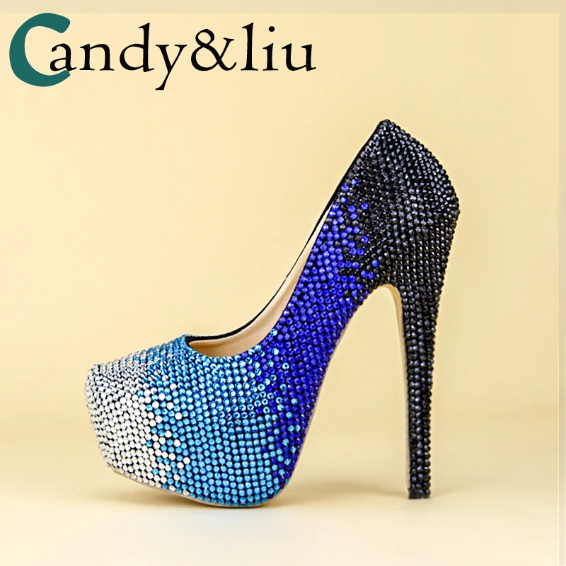 

High heeled crystal banquet Celebrity Black and white waterproof table Diamond Wedding Evening Dress Adult dress shoes big code