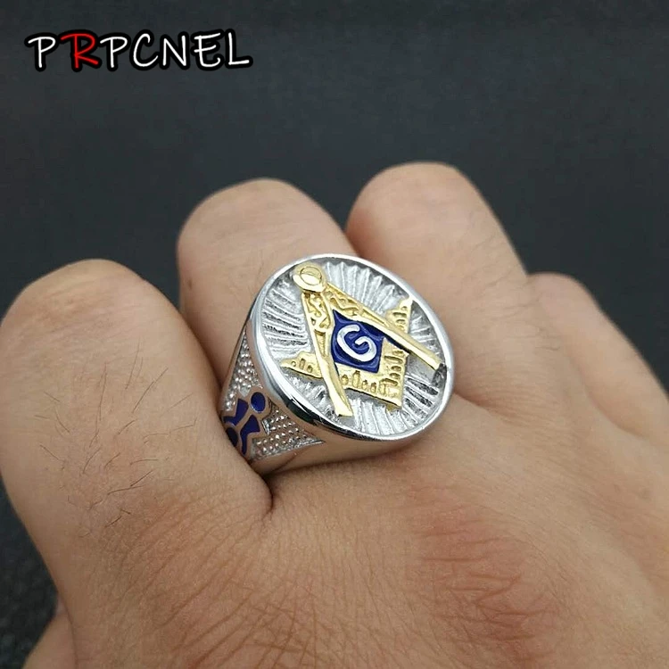 

New US 7 to 15 size Male Ring Blue Enamel Freemason Masonic Free Mason Signet Rings Gold Tone Stainless Steel Jewelry For Men