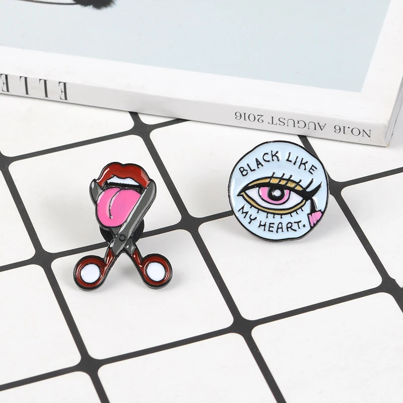 

Eye Mouth and Tongue Enamel Pin Eyeliner Scissors Cut tongue Brooch Cartoon Funny Life Brooches For Women Pin Badge Jewelry