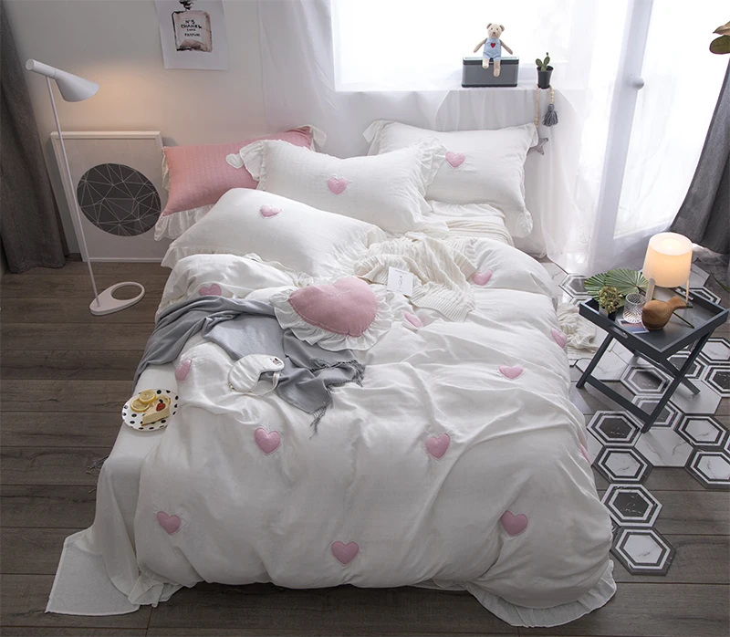 White Pink Grey 100 Cotton Soft Bed Sheet Linen Pillowcase Duvet