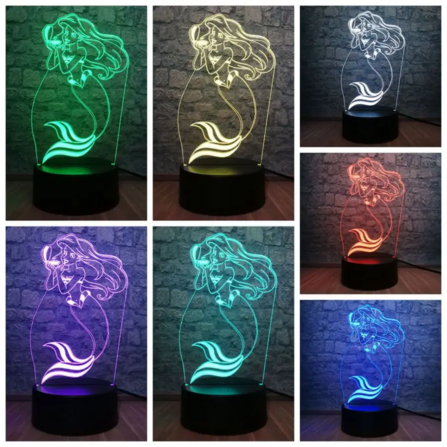 Сказочная Русалка принцесса 3D Светодиодная лампа RGB многоцветный 7 цветов