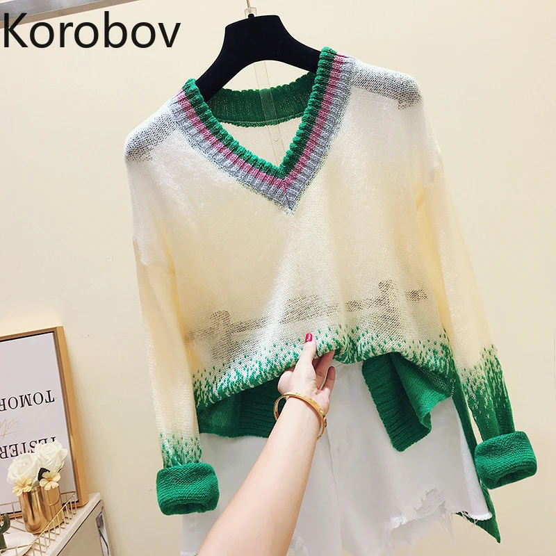 Korobov Harajuku хит цветные эффектные женские свитера корейский стиль v-образный вырез