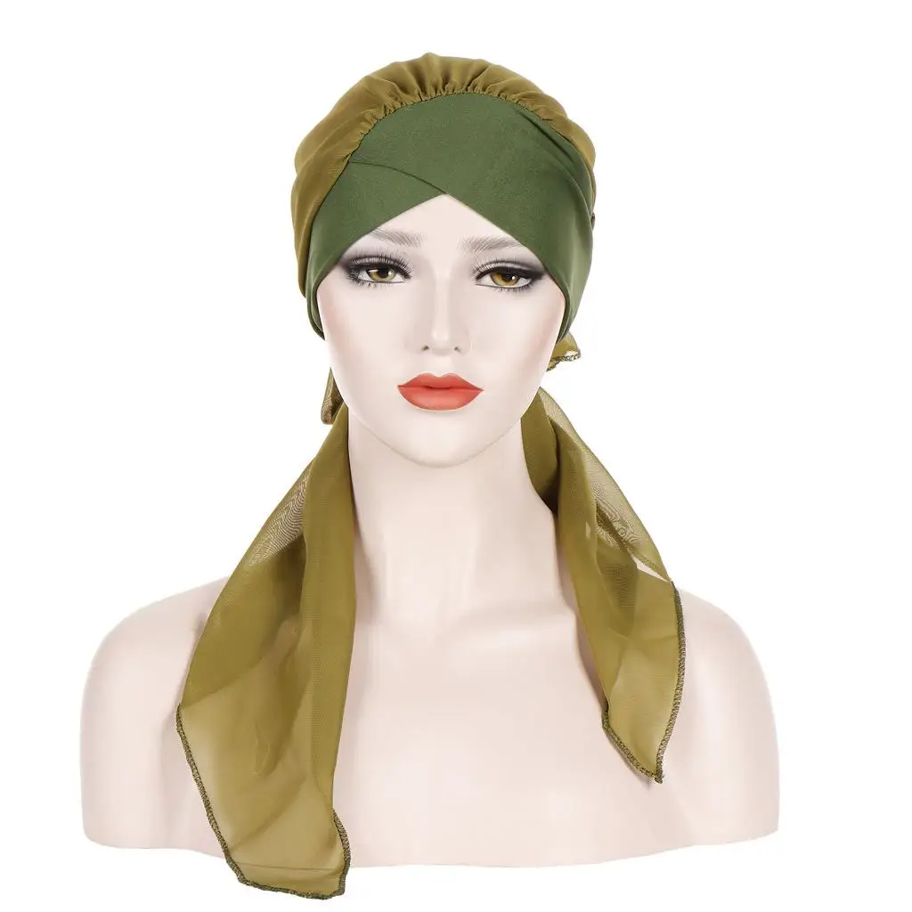 

Pre-Tied Women Muslim Hijab Chiffon Bonnet Strech Turban Cancer Chemo Cap Hair Loss Femme Long Tail Hat Headwear Wrap Headscarf