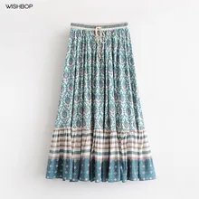 Весна Женская мода синий печать миди плиссированная юбка эластичный пояс с шнурком Пояс завязывается Gypsy Повседневное Юбки для женщин