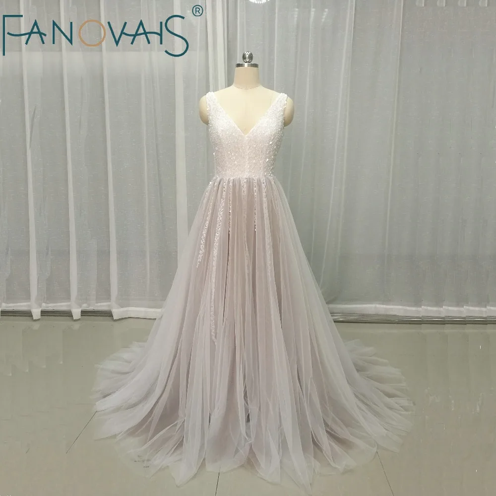 

2019 Sexy Backless Tulle Wedding Dresses Ivory Deep V Neck Wedding Gowns Luxury Crystal Beads Vestido de Novia robe mairee