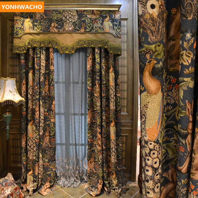 

Custom curtains High-grade retro American chenille print living room Peacock cloth blackout curtain tulle valance drape B410