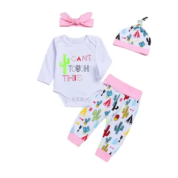 

Newborn Baby girl Clothes Long Sleeve Bodysuit+Pant+ Bowknot Headband+Hat 4pc Cotton Casual SetY