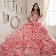 robe de soiree розовое платье из двух частей бальное платье из органзы для выпускного вечера гофрированное Бисероплетение Кристаллы без рукавов Пышное распродажа платьев