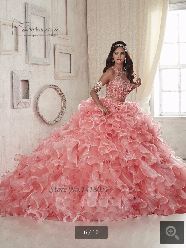 

2019 robe de soiree pink two piece ball gown prom dress organza ruffled beading crystals sleeveless quinceanera gowns hot sale