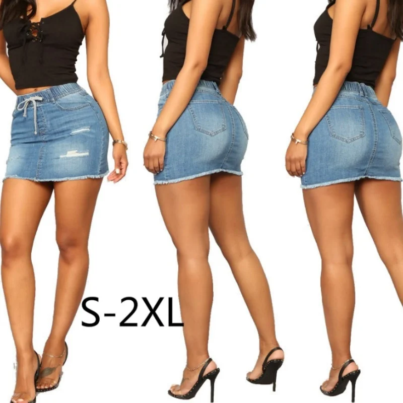 

Women Fahion Summer Sexy Plus Size Middle Wasit Big Elastic Net Sport Blue Shredded Bag Hip Short Skirts Mini Skirts Women S-2XL