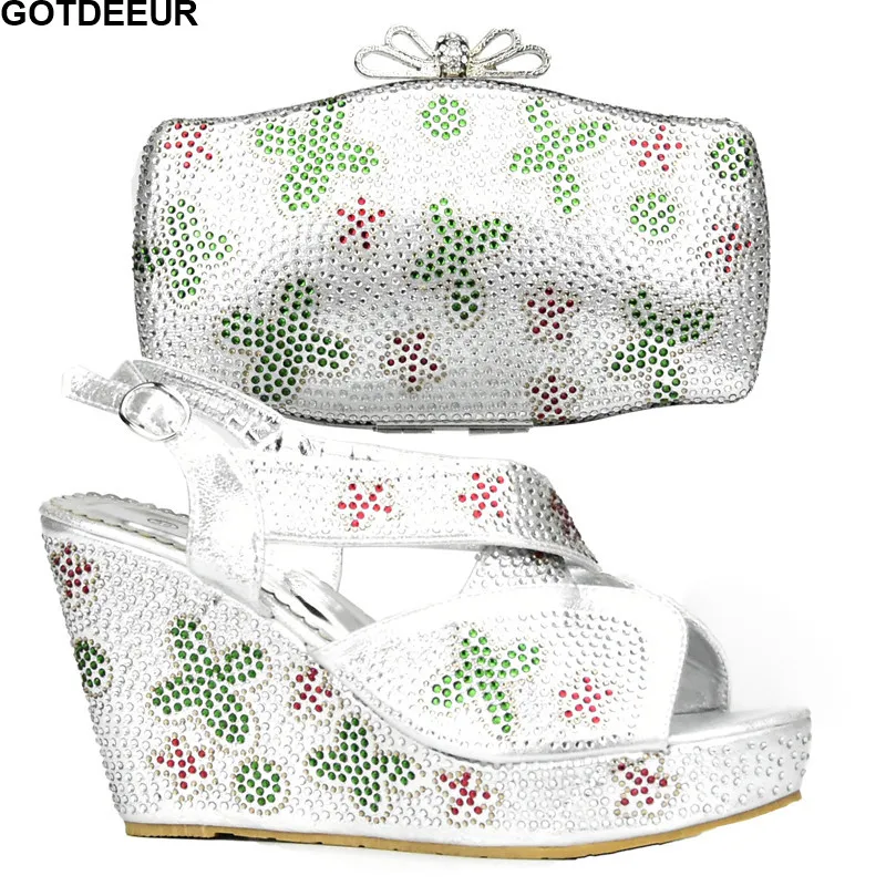 

Sliver Color African Shoes and Matching Bags Italian Matching Italian Shoe and Bag Set Decorated with Rhinestone Nigerian Shoes