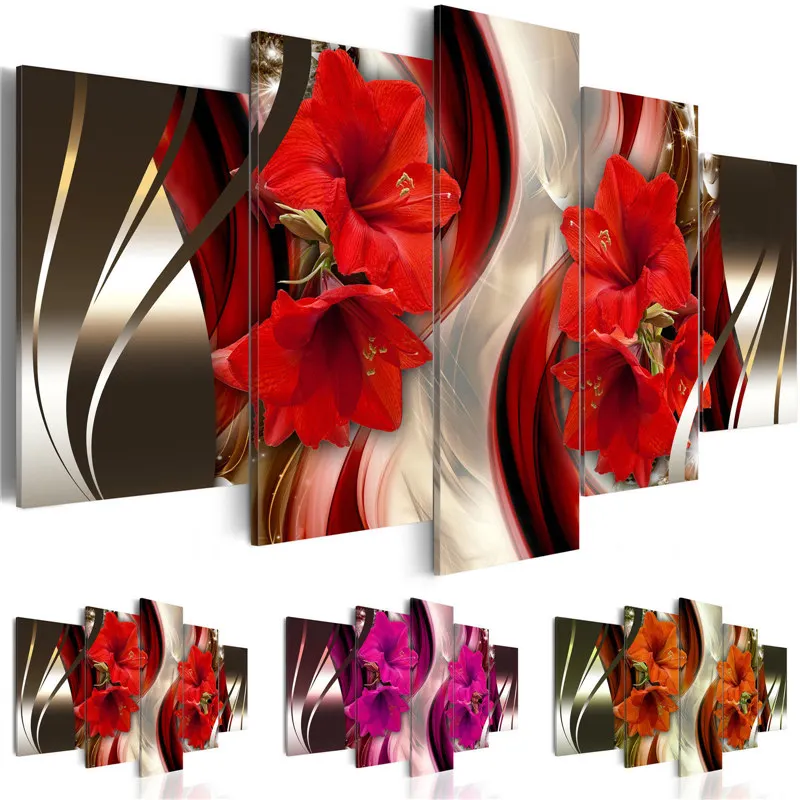 Buy Modern Painting Canvas 5 Panels Floral Lilies Wall