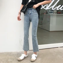 autumn women high waist jeans button fly female ankle-length denim trousers with pockets office lady slim jeans