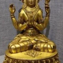 " Тибет Буддизм Старый Фиолетовый Бронзовый 24 К Золото Gem Четыре Руки Кван-Инь Статуя