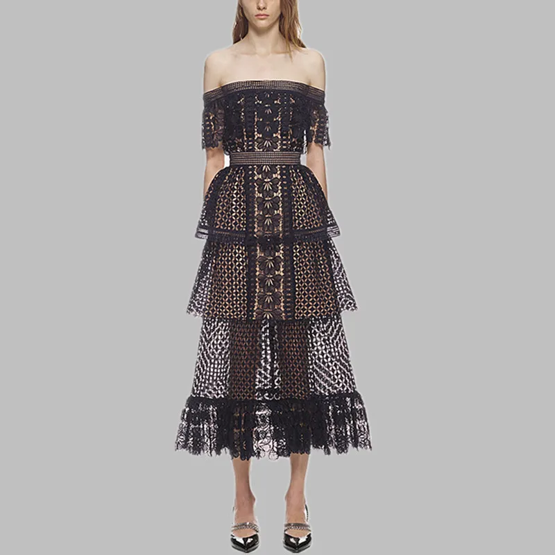 

2019 New Arrival Self-Portrait Runway Sexy off the shoulder Floral lace Black Long dress women Backless Chic dress