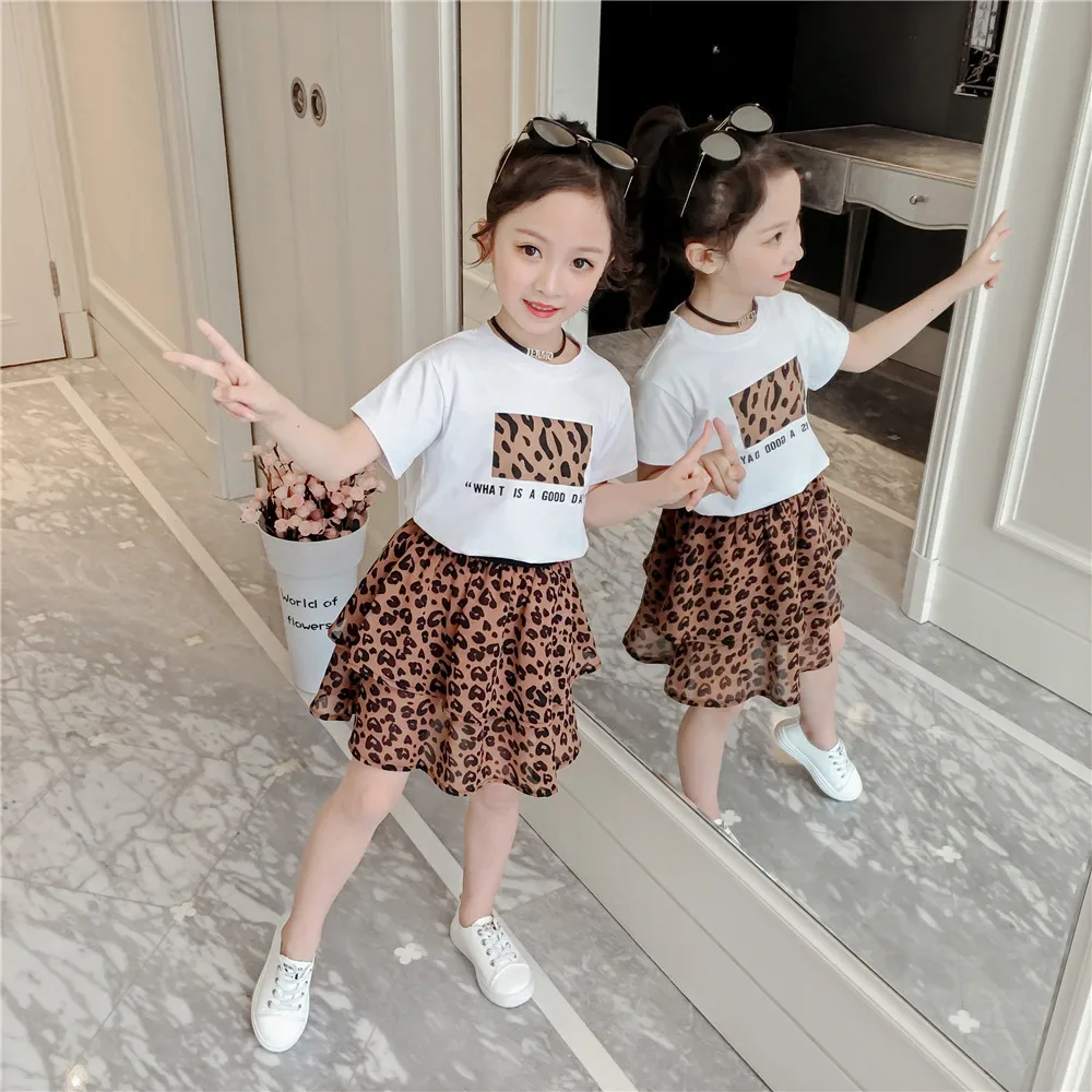 Fashion Children Clothing Set For Girls Clothes 2019 Summer Letter Tshirts Tops Leopard Chiffon Skirt 2Pcs Casual Kids Suit 3-9Y (10)