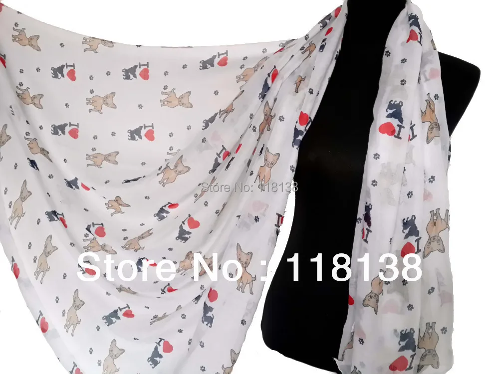 

10pcs/lot Long Women's Fashion Dog Chihuahua Print Scarf Polyester Scarves , Free Shipping
