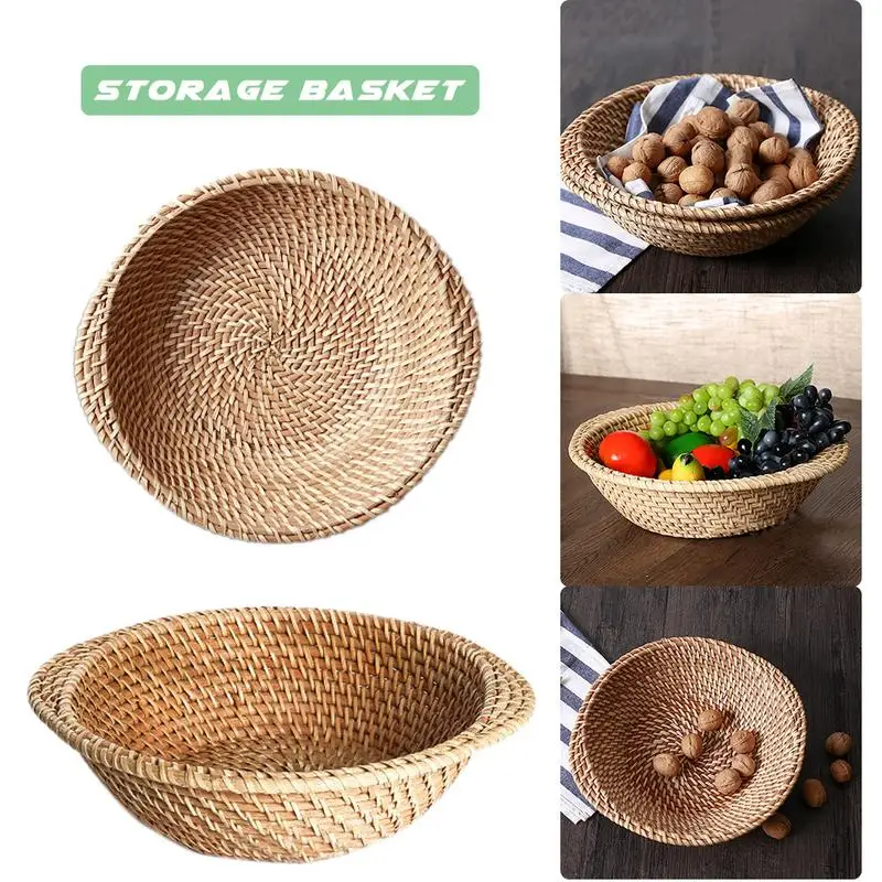 

Rattan Tray Fruit Plate Kitchen Rack Basket Bread Parlor Desktop Snacks Fruit Dish Storage Box