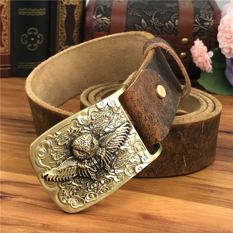 Brass Owl Belt Buckle Yellow Belts For Men Ceinture Homme Men Leather Belt Cowboy Jeans Male Leather Belt Strap Wide MBT0106 - Color: MBT0106 YELLOWBROWN