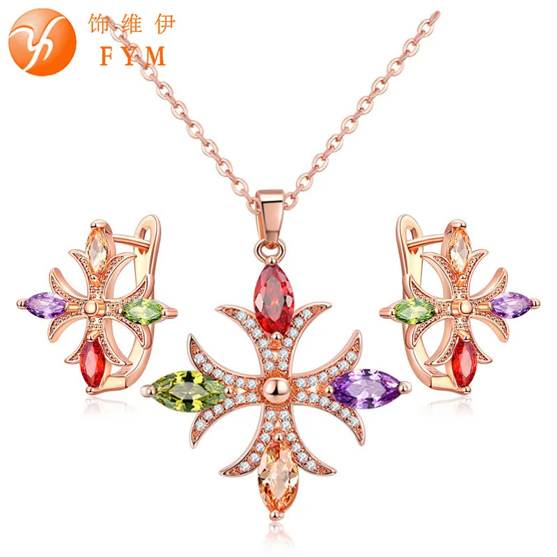 

FYM Brand Popular Rose Gold color Bridal Jewelry Set for Women Multicolor AAA Cubic Zircon Pendant Necklace & Earrings FYMJS0118