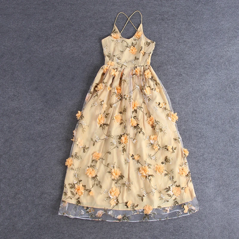 שמלות קיץ 2017 לנשים להרחיב חזור אפליקציות עטופים שמלת חוף חג בהדפס פרחוני אופנה שמלה צהוב