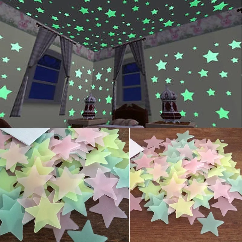 

100Packs 3D Stars Glow in The Dark Luminous Fluorescent Plastic Wall Stickers Living Home Decor For Kids Rooms 3*3cm 100PCS/Pack