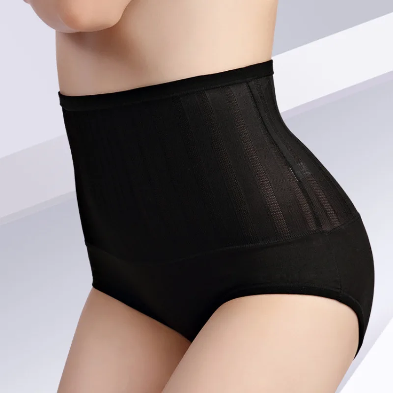 Stripe Mesh Cotton Women High Waist Underwear Shapewear Abdomen Hips Slimming Lady Panties Sexy Solid Seamless Calcinha Lingerie