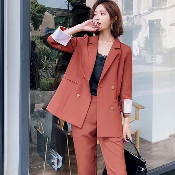 

Office Lady Double Breasted Blazer & Long Pant Suit Women Fashion 2 Pieces Set Casual Jacket Workwear Sets Femme Suit
