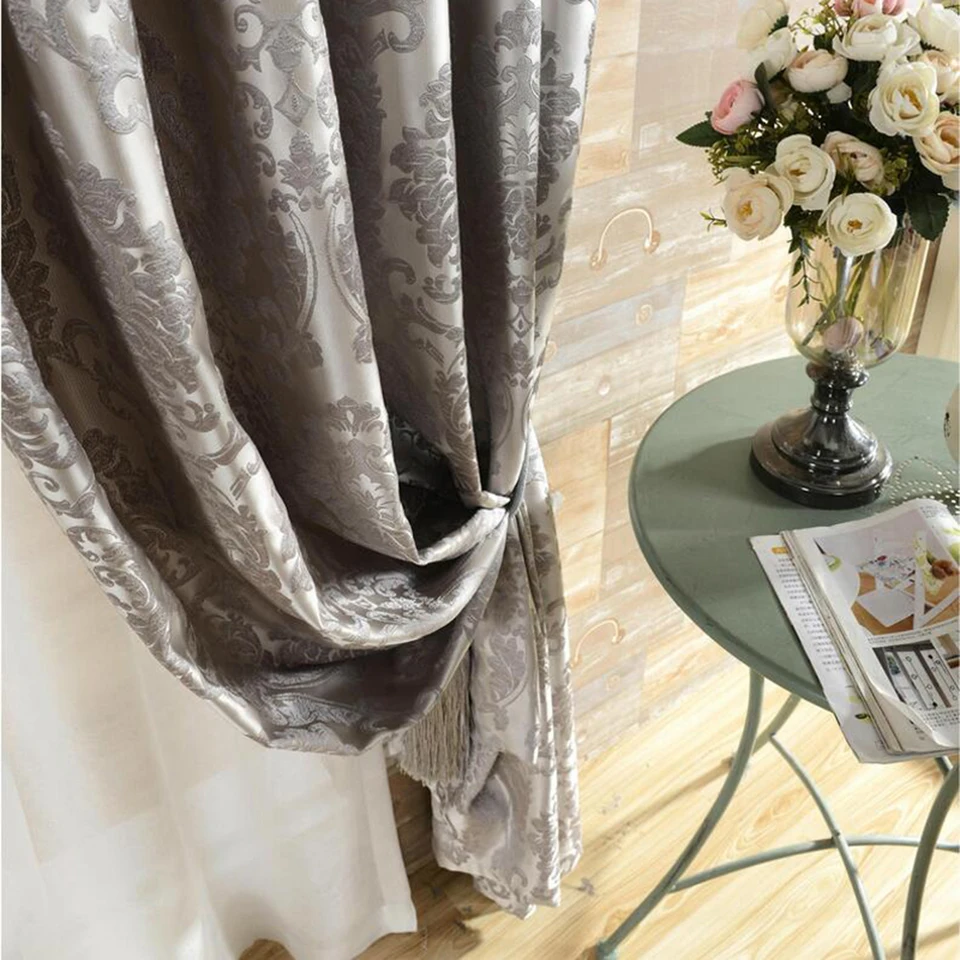 Silk Flower Jacquard Black Out Window Curtains For Living Room