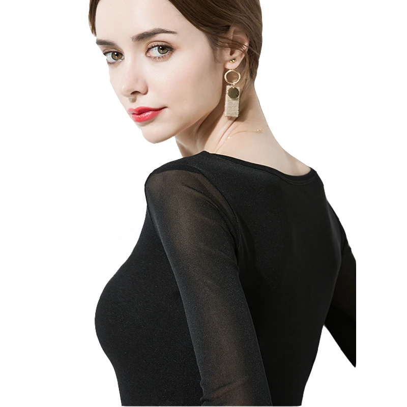 

New Women Black Mesh Tops Long Sleeve Streetwear Tees Crew Neck Hollow TShirts Camisas Femininas Clubwear Beach Net Tops