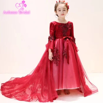 

Wine Red Flower Girl Dresses For Wedding Princess Girls Prom Gowns Short Front Long Back Remove Kids Pageant Dress For Birthday