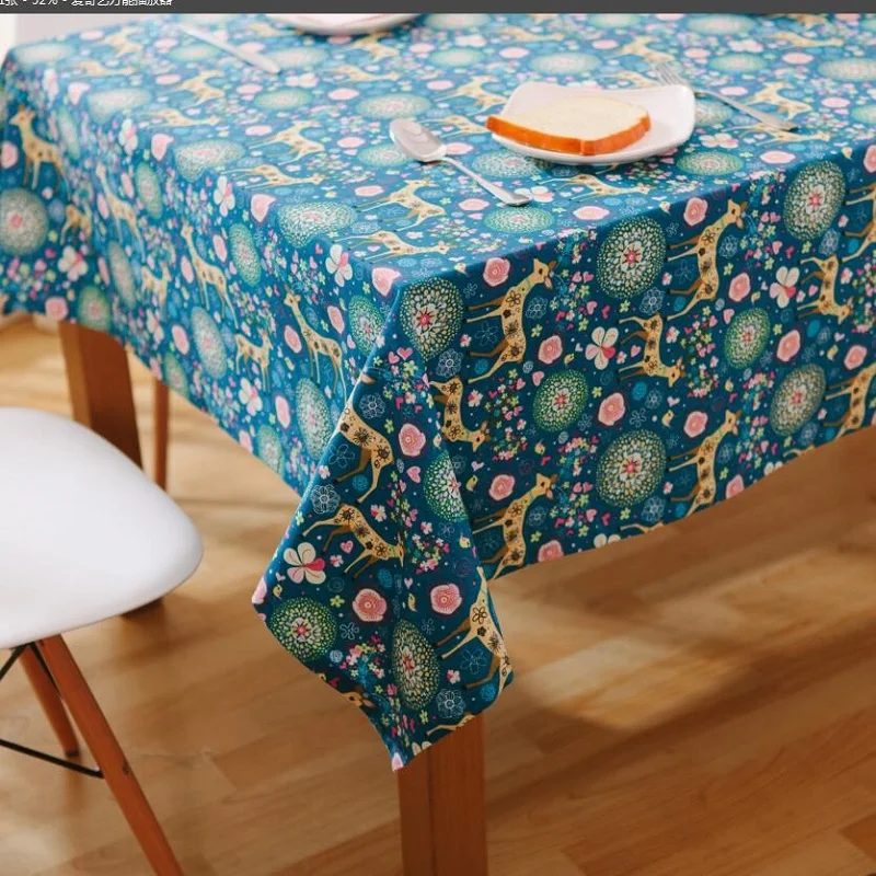 Pastoral tablecloth blue deer printed cotton & linen rectangular dining