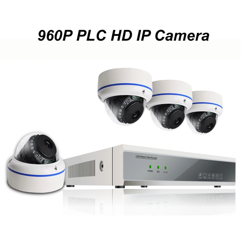 

4pcs of 960P PLC HD IP Dome Camera with 1080P NVR Kit with Power Line Communication Module Built-in Reach 300m Power Supply