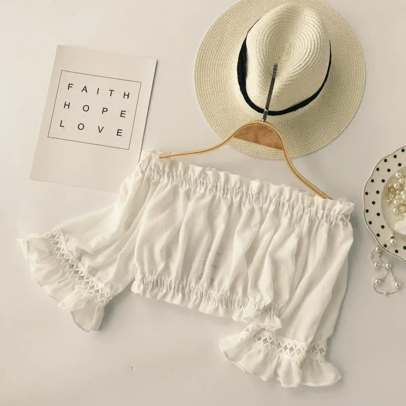 

2019 Summer Strapless Sexy Off Shoulder Chiffon Blouse Women Casual Half Sleeve Blouse Tops Female Sexy Crop Tops Shirt