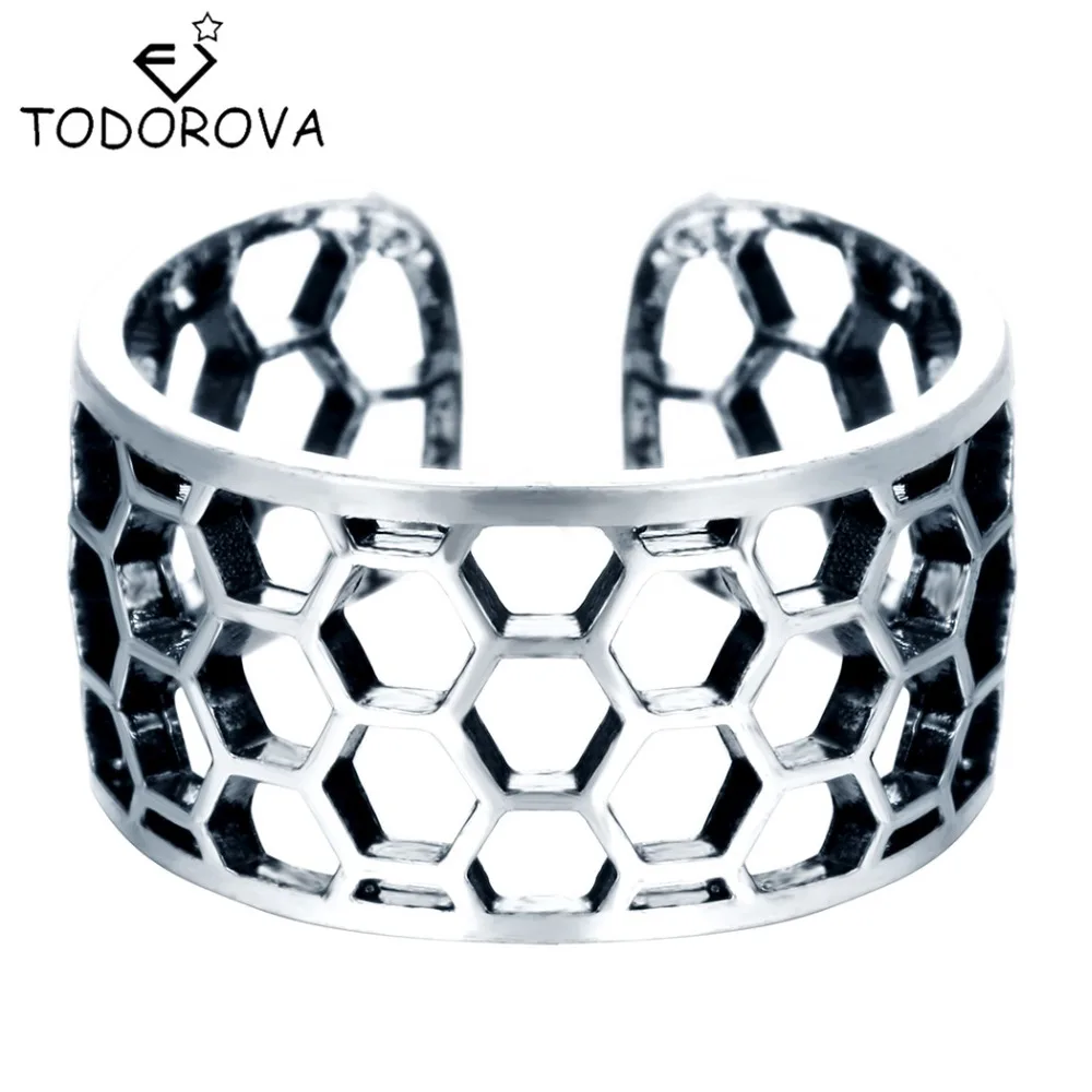 

Todorova Adjustable Open Ladies Hexagon Finger Rings Hollow Honeycomb Rings Vintage Silver Gift for Women Men Party Jewelry