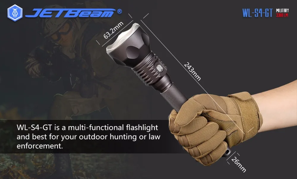 Tática para Esportes ao ar Caça Jetbeam gt Mtg2 Led Max.3300 Lumens Feixe Distância 400 Metros Tocha Livre Luz Wl-s4-gt Wl-s4 8 High Quality Luzes e Iluminação