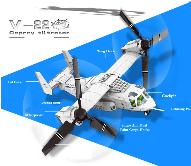  Wange JX006 Military series The US V-22 OSPREY TILTRTOR AIRCRAFT 1:44 model Building Blocks Classic