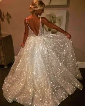 

Sparkly Sequin Prom Dress Backless Sexy V Neck Sleeveless Modern Sweep Train Long Formal Dresses Evening Party Gowns