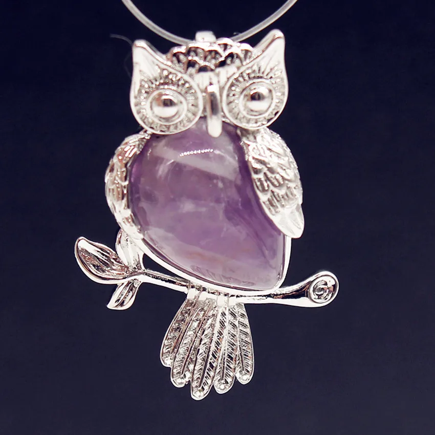 

100-Unique Silver Plated Owl Shape Natural Purple Amethysts Stone Pendant Popular Accessories