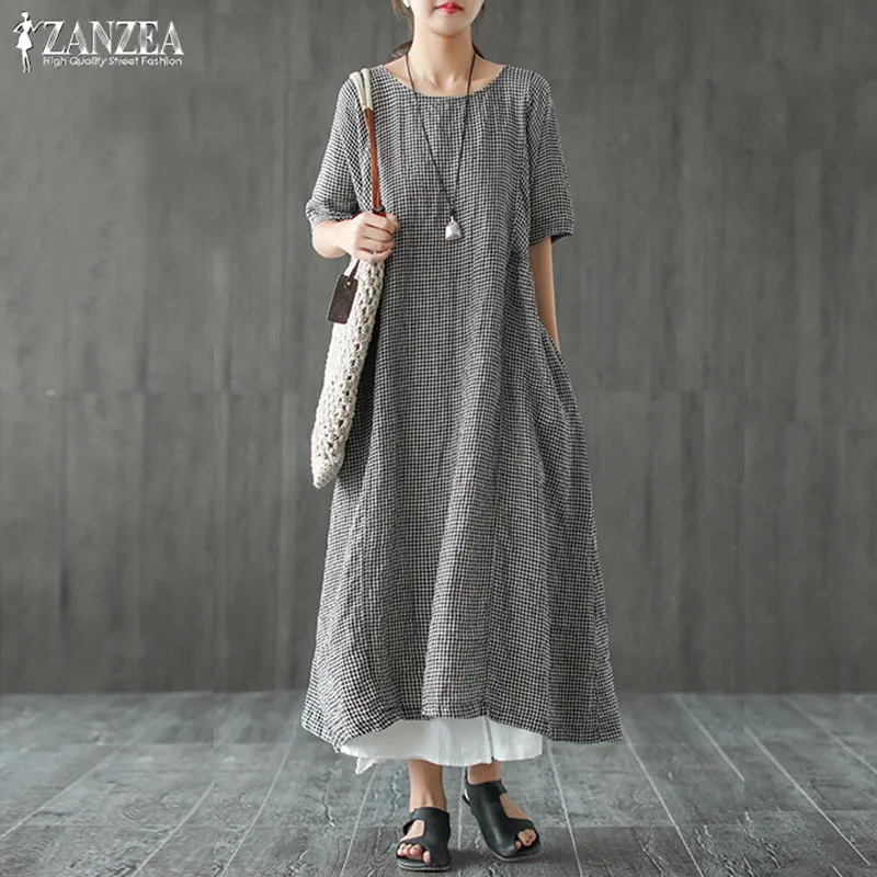 

ZANZEA 2019 Summer Check Maxi Dress Vintage Casual Women's Dress Kaftan Sundress Maxi Vestidos Plus Size Plaid Party Robe Femme