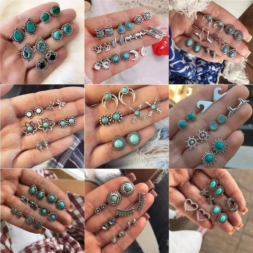 

LETAPI Vintage Retro Crystal Earrings For Women Boucle D'oreille Jewelry Bohemian Stud Earring Set Green Stone Fashion Jewelry
