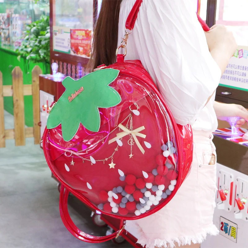 

Japanese Anime Harajuku Lolita Girl Kawaii Clear Transparent Strawberry Itabag Backpack Handbag 3Way Lovely Messenger Bag