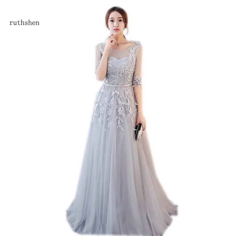 Ruthshen Элегантные линии Серебряные платья выпускного вечера Vestidos De Formatura полной длины с половиной рукава особого случая вечерние платья