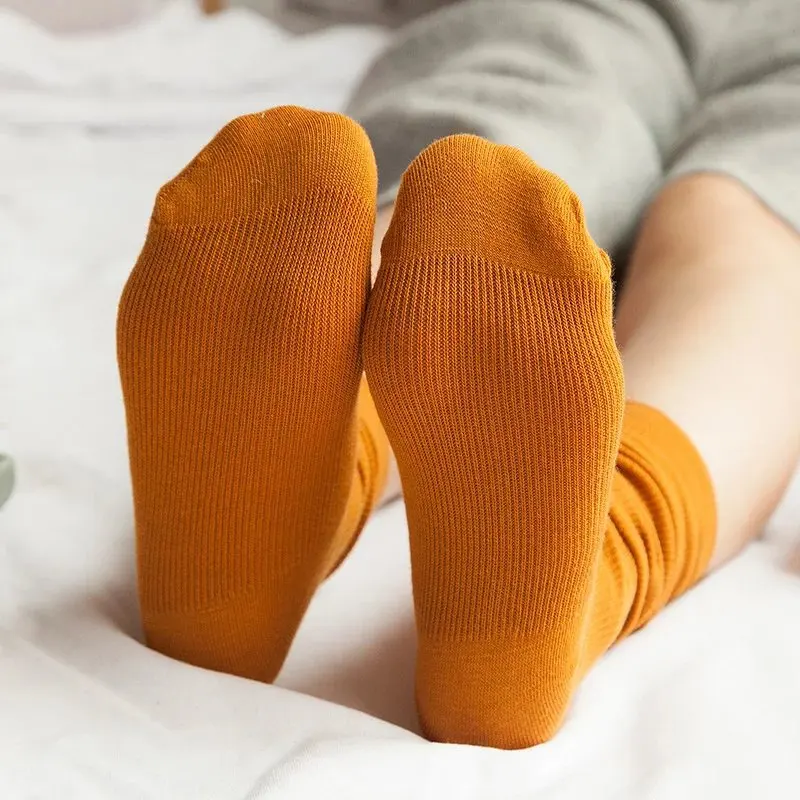 CHAOZHU Japanese High School Girls High Socks Loose Solid Colors Double Needles Knitting Cotton Long Socks Women