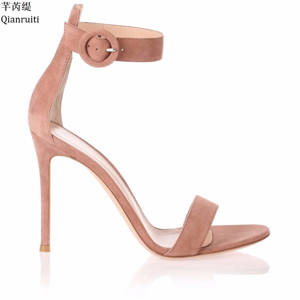 

Qianruiti Nude Pink Faux Suede Stiletto Heels Women Shoes Open Toe High Heels Women Sandals Summer Ankle Buckle Women Pumps